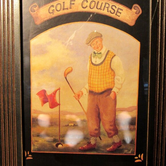 GOLF COURSE Two Golfers Lithograph Print By Mid Framed Vintage 23" Tall - Picture 4 of 10